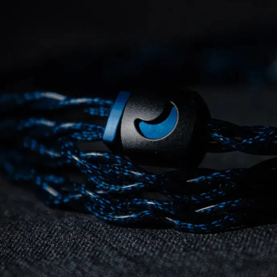 Nightjar Acoustics Blue Hour IEM cable with blue braided sleeve and crescent moon splitter