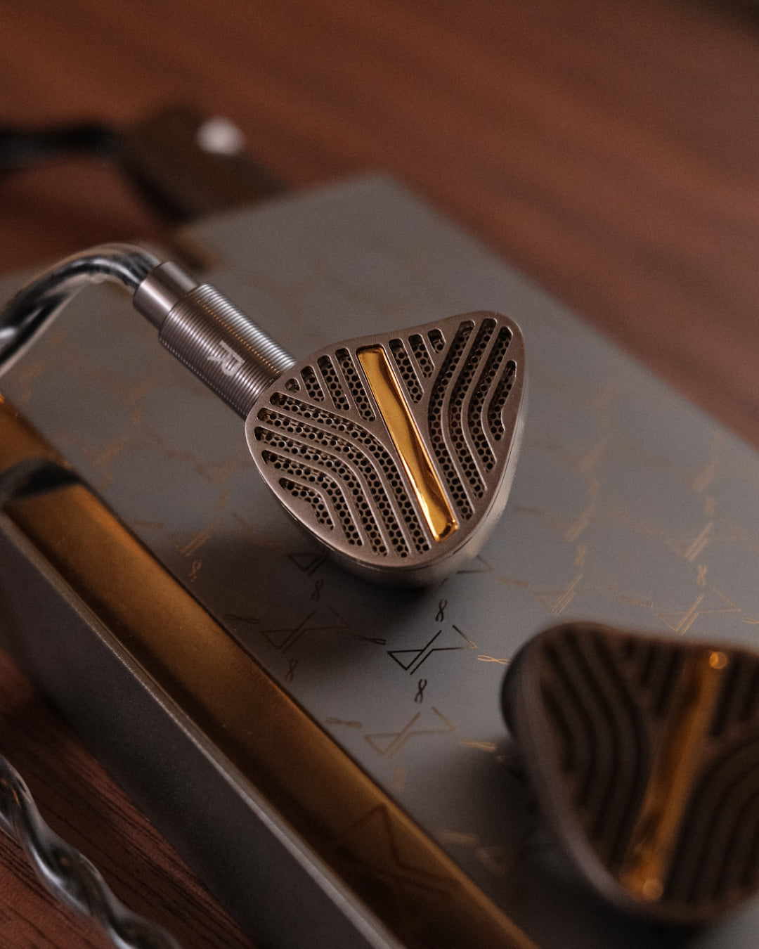 Melodic Artification Eternitum IEMs resting on the companion amplifier